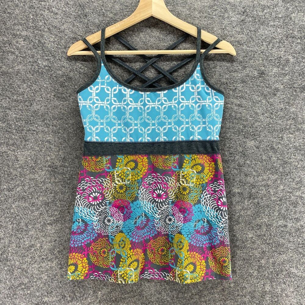 Soybu Top Women M Medium Blue Geometric Criss Cross Back Sleeveless Casual